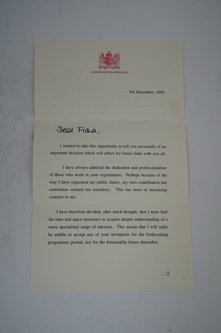 Diana, Princess of Wales, a printed letter with original envelope hand signed ‘Yours Sincerely Diana’, with personalised name of the recipient (the vendor) also in Diana‘s hand, on Kensington Palace headed notepaper and